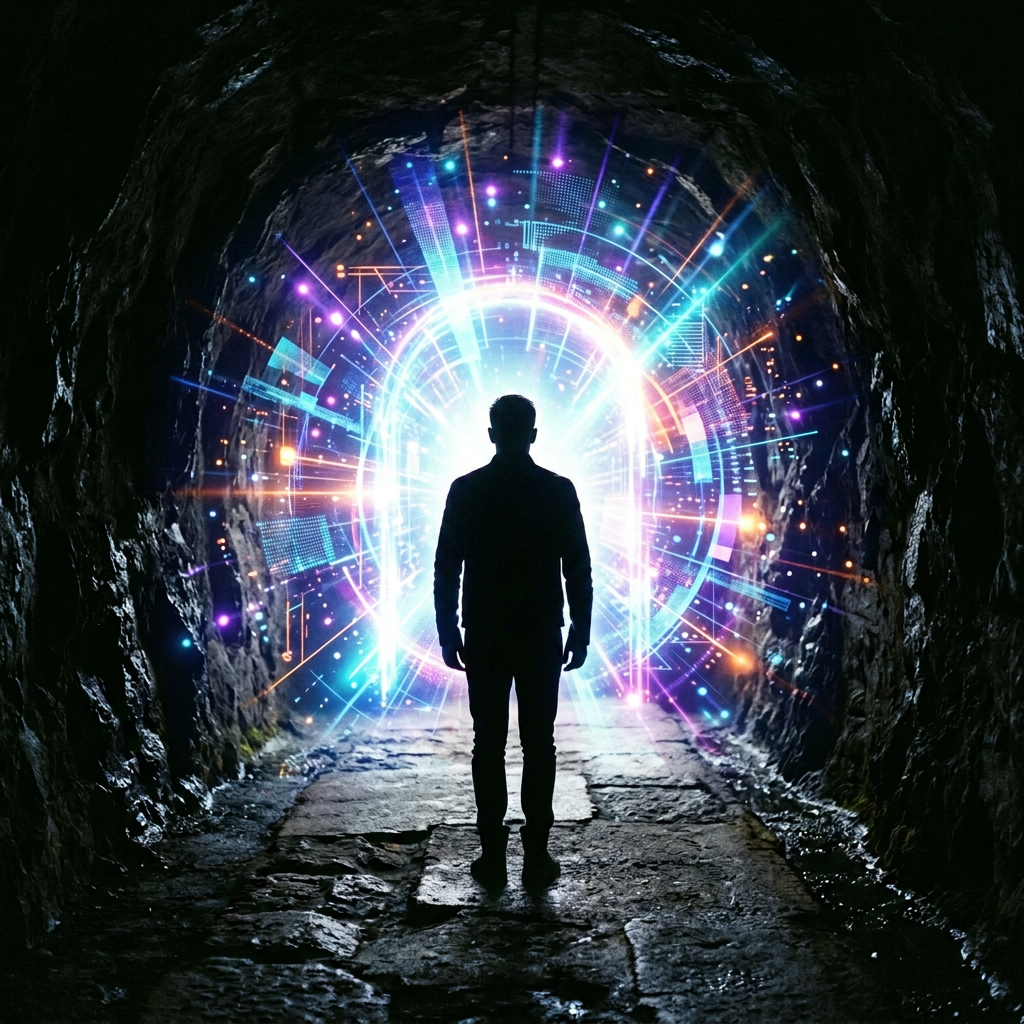 Silhouette of a person looking at a bright circular digital portal with colorful lights inside a cave tunnel